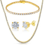 3 Piece Classic Tennis Bracelet & Necklace Set with Stud Earrings Jewelry Set in 18K Gold Filled