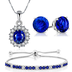 18K White Gold Plated Blue Sapphire Necklace, Tennis Bracelet, and Stud Earrings Jewelry Set
