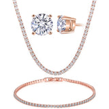 3 Piece Classic Tennis Bracelet & Necklace Set with Stud Earrings Jewelry Set in 18K Rose Gold Filled