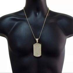 14K Large Iced Out Dog Tag Pendant On 24" Chain