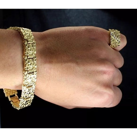 New 14k Yellow Gold Mens Wide Nugget Bracelet 8