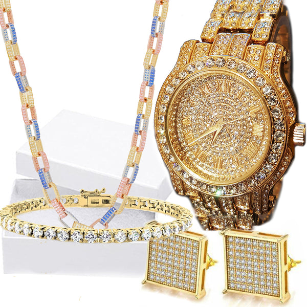 18K Gold Plated 4 Piece Mens Jewelry And  Watch Set
