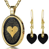 I Love You Necklace in 120 Languages 24k Gold Inscribed Onyx and Crystal Heart Earrings Jewelry Set