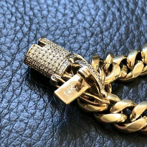 14k Gold Miami Cuban Link Chain Bracelet Stainless Steel Diamond Clasp