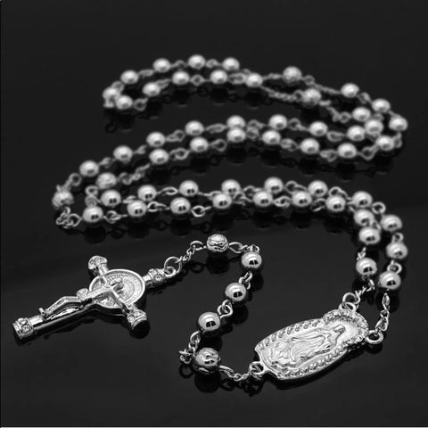 White Gold Beaded Rosary Crucifix Cross Brand New