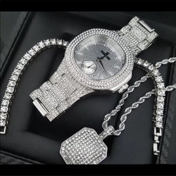 Iced Out White Gold 4 Pc Watch Bracelet Chain Set