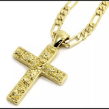 14K Gold Plated Nugget Cross Pendant& Figaro Chain