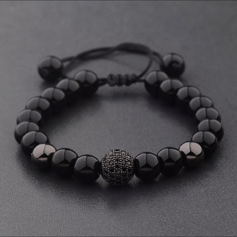 Men’s Black Beaded Bracelet With Black CZ