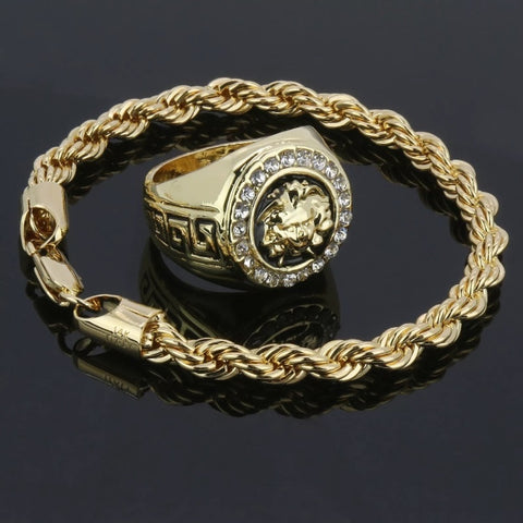 Gold Medusa Head Ring And Rope Bracelet Set NEW