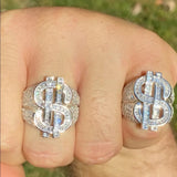 Real Solid 925 Sterling Silver Men's Hip Hop Dollar Sign $ Iced Out Ring
