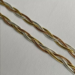 925 Silver Tri Color Yellow Rose Gold Twisted Braided Herringbone Chain Necklace