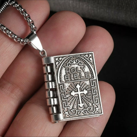 Vintage Silver Cross Bible Book Pendant With Chain