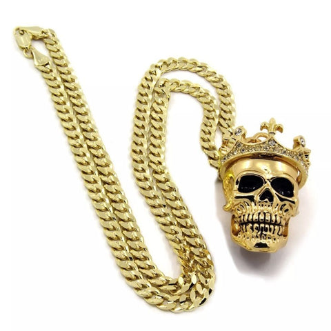 14K Gold Plated Skull Crown Charm 24” Cuban Link
