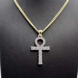 Iced Out Gold Plated Ankh Pendant & Cuban Link