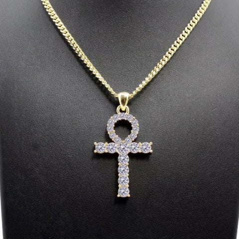 Iced Out Gold Plated Ankh Pendant & Cuban Link