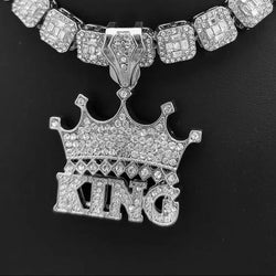 14K White Gold Plated KING Crown Pendant